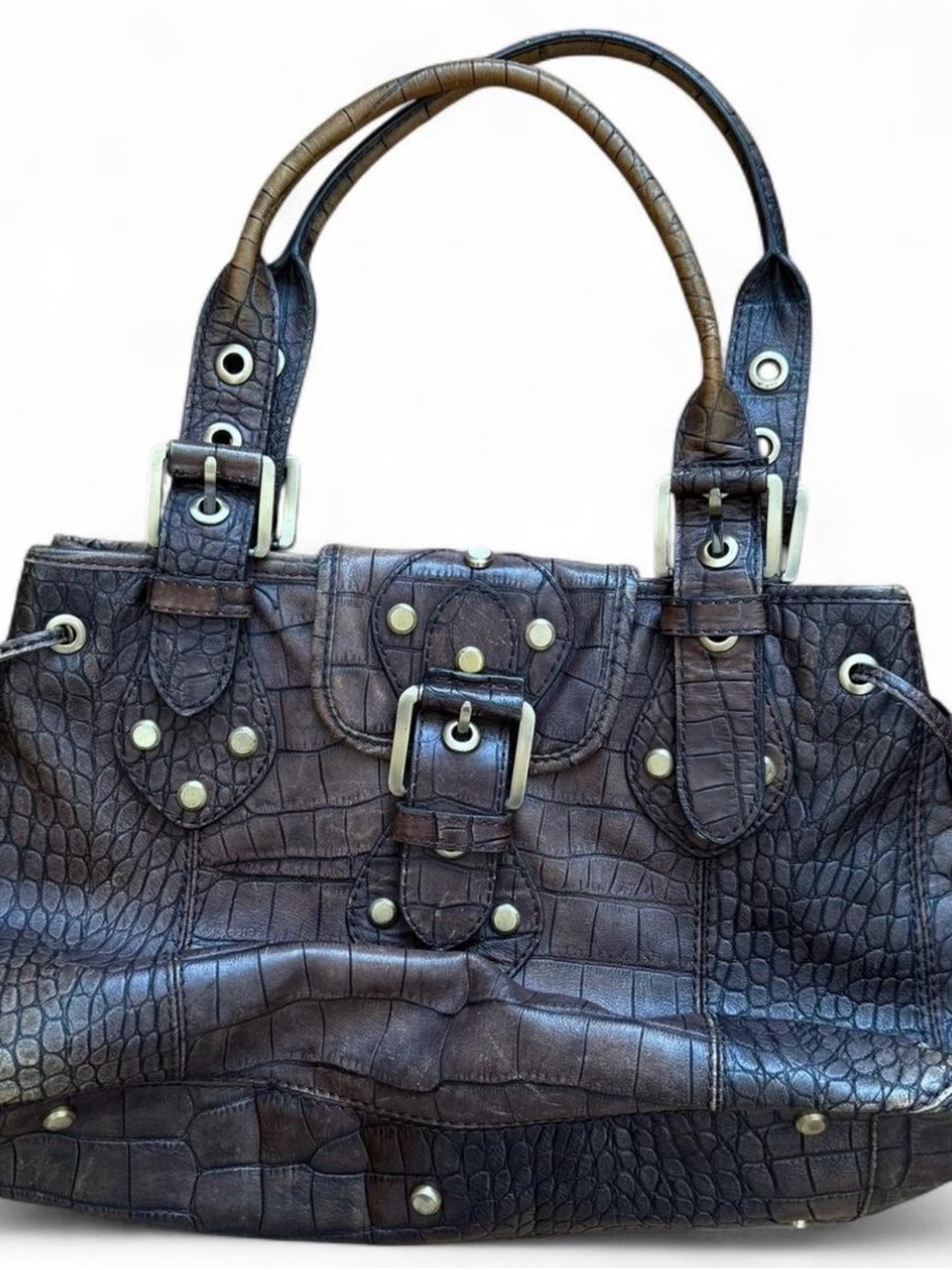 Rafe Dark Brown Croc-Embossed Leather Shoulder Bag with Buckle Accents